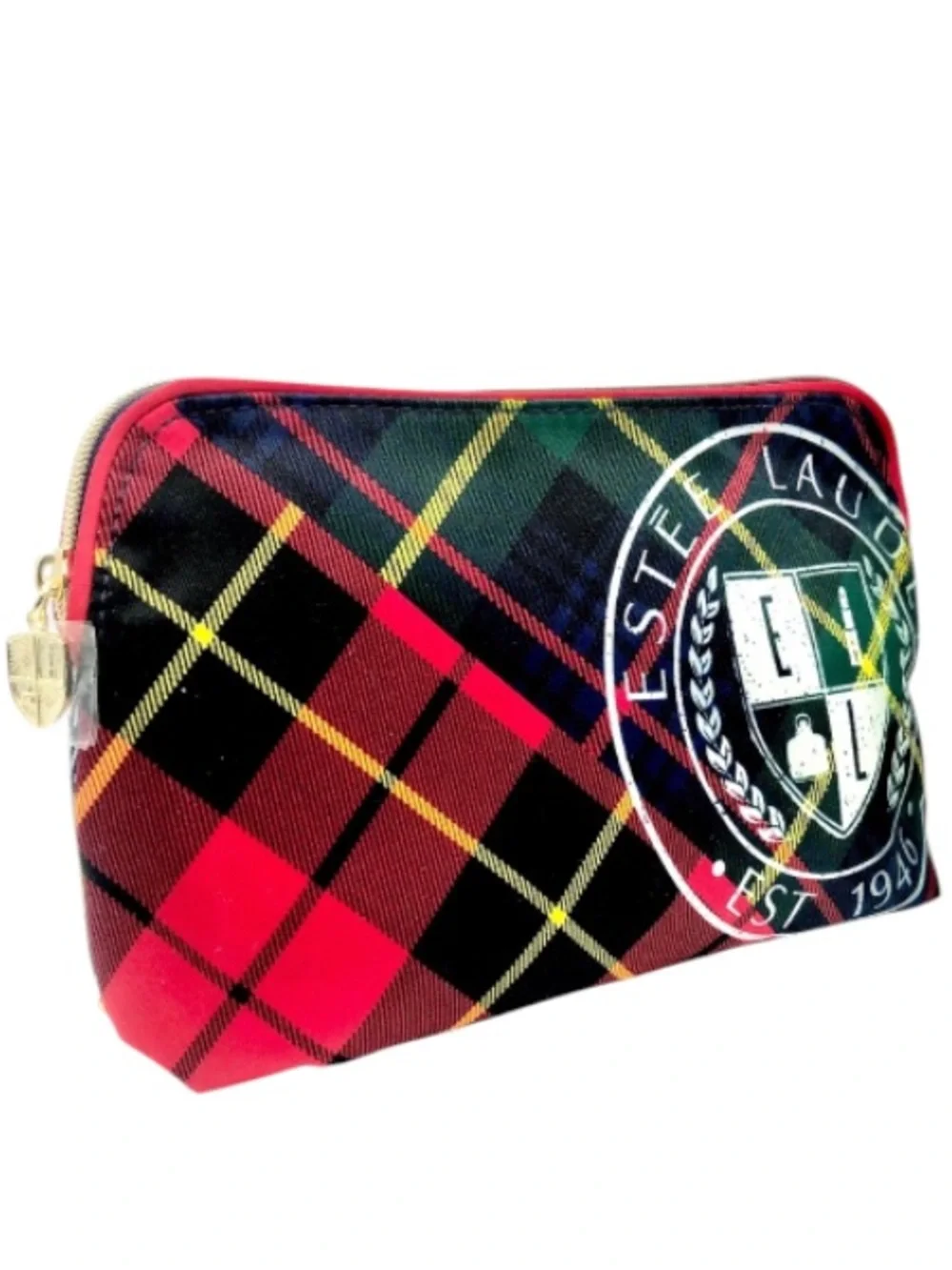 Estée Lauder Cosmetic Bag Limited Edition Tartan Plaid Luxe 1946 Crest Red Black